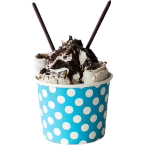Oreo Blast rolled ice cream in a blue polka-dot cup with crushed Oreos, fudge and chocolate wafer straws